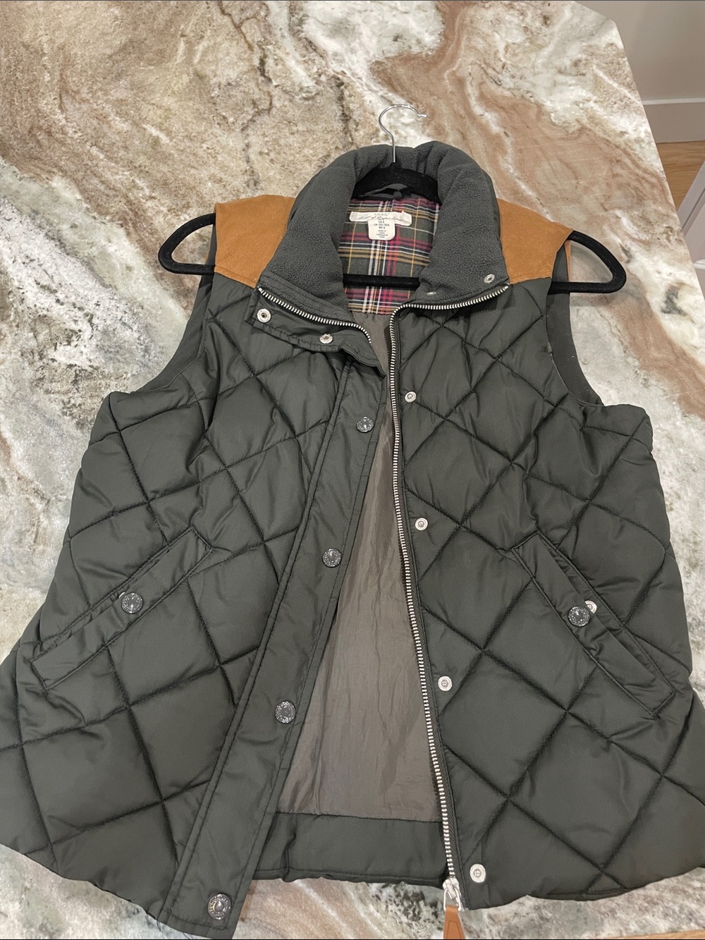 Women's Quilted Forest Green Vest with Tan Shoulder Accents